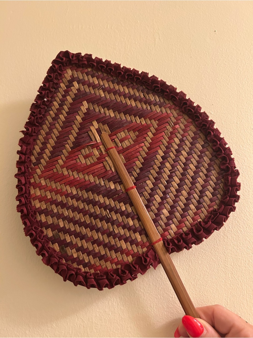 Handwoven Woven Palm Fan in Burgundy and Natural